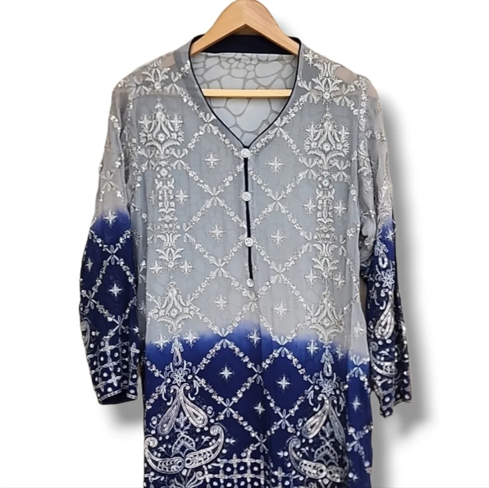 BOLLYWOOD Kurti Silk Dress Tunic L Embroidered DUBAI Custom Wedding Top Y2K - Picture 10 of 16